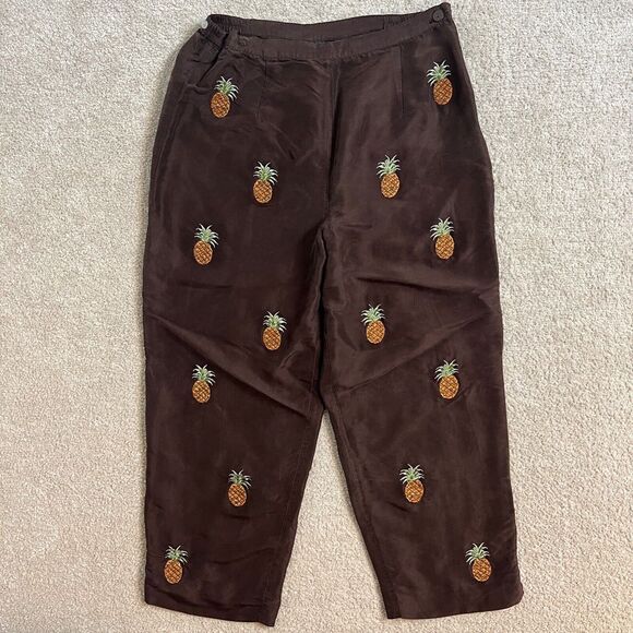 Silk‎ Land Womens Embroidered High Rise Wide Leg Pants Size 12 Brown Pineapples - Picture 1 of 10